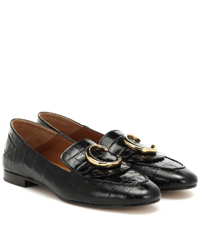 Shop Chloé C Croc-effect Leather Loafers In Black