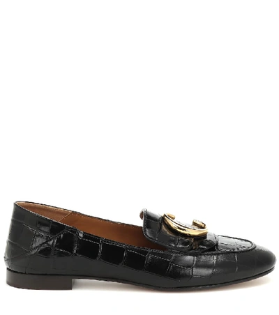 Shop Chloé C Croc-effect Leather Loafers In Black