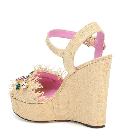 Shop Dolce & Gabbana Bianca Embellished Raffia Wedges In Yellow