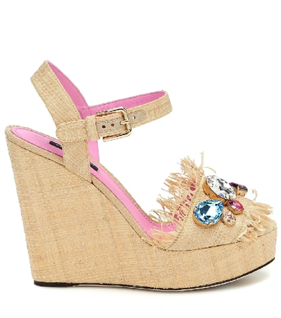 Shop Dolce & Gabbana Bianca Embellished Raffia Wedges In Yellow