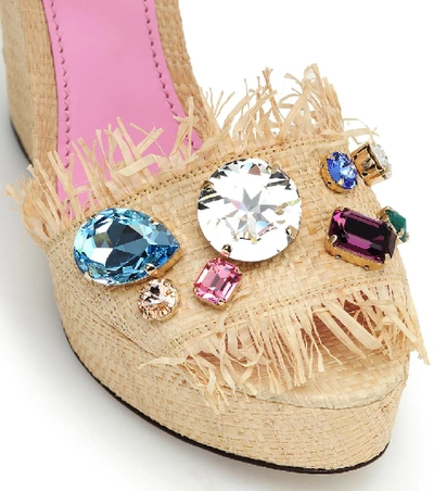 Shop Dolce & Gabbana Bianca Embellished Raffia Wedges In Yellow