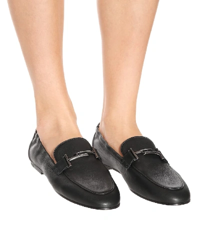 Shop Tod's Double T Leather Loafers In Black