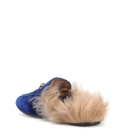 Shop Gucci Princetown Fur-lined Velvet Slippers In Blue