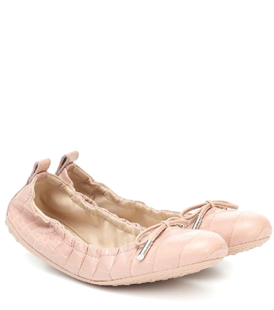 Shop Tod's Croc-effect Leather Ballet Flats In Pink