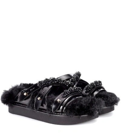 Shop Simone Rocha Faux Fur-trimmed Leather Sandals In Black