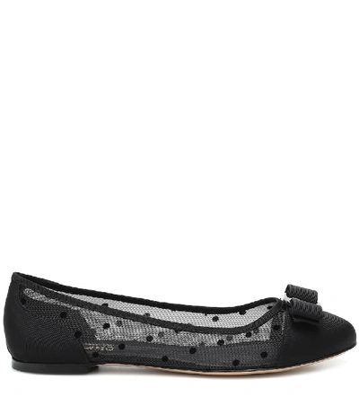 Shop Ferragamo Vara Bow Flocked Mesh Ballet Flats In Black