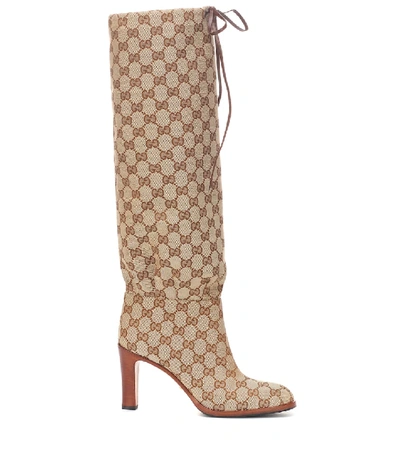 Gucci Leather-trimmed Coated-canvas Knee Boots In Neutrals | ModeSens