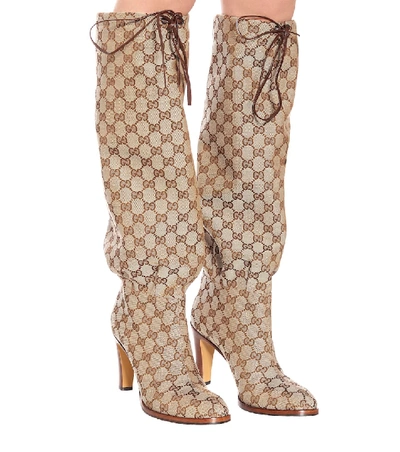 Shop Gucci Gg Canvas Knee-high Boots In Beige