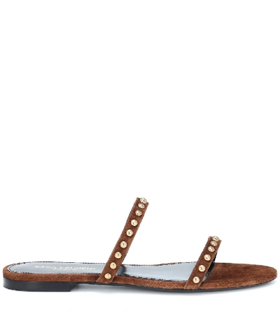 Shop Saint Laurent Kiki Embellished Suede Sandals In Brown