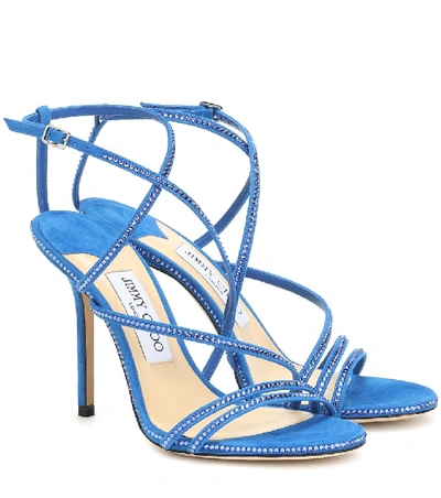 Shop Jimmy Choo Dudette 100 Embellished Suede Sandals In Blue