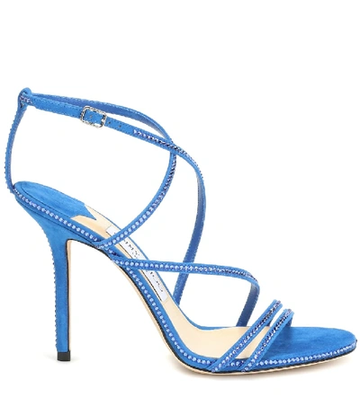 Shop Jimmy Choo Dudette 100 Embellished Suede Sandals In Blue