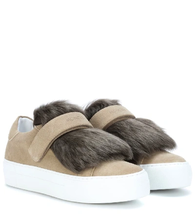 Shop Moncler Fur-trimmed Suede Sneakers In Brown