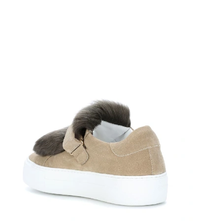 Shop Moncler Fur-trimmed Suede Sneakers In Brown