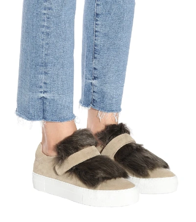 Shop Moncler Fur-trimmed Suede Sneakers In Brown