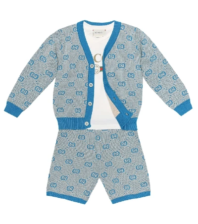 Shop Gucci Baby Gg Wool And Cotton Cardigan In Blue