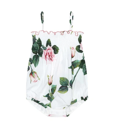 Shop Dolce & Gabbana Baby Floral Cotton Playsuit In White