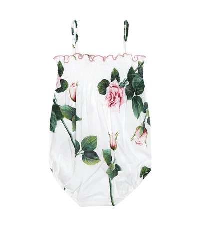 Shop Dolce & Gabbana Baby Floral Cotton Playsuit In White