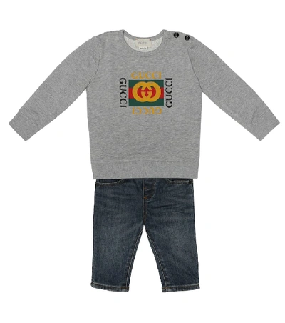 Shop Gucci Baby Logo Cotton Sweatshirt In Grey