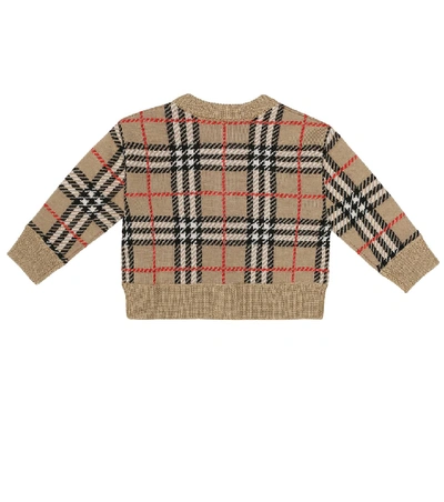 Shop Burberry Baby Edie Check Wool Cardigan In Beige