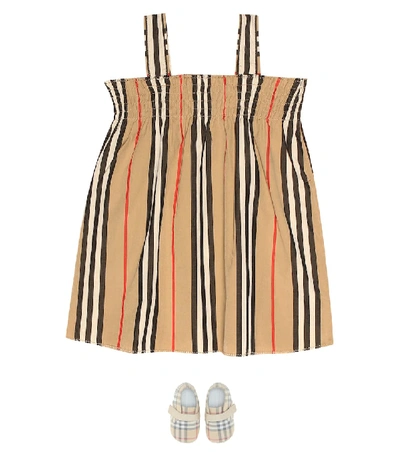 Shop Burberry Baby Icon Stripe Cotton Dress In Brown
