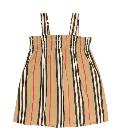 Shop Burberry Baby Icon Stripe Cotton Dress In Brown