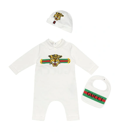 Shop Gucci Cotton Onesie, Hat And Bib Set In White