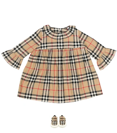 Shop Burberry Baby Kitty Check Cotton Dress In Beige