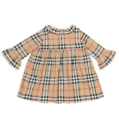 Shop Burberry Baby Kitty Check Cotton Dress In Beige