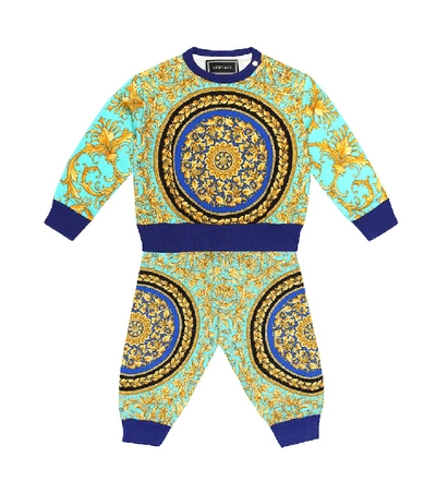 Shop Versace Baby Printed Cotton Trackpants In Turquoise