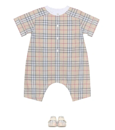 Shop Burberry Check Cotton Playsuit In Beige