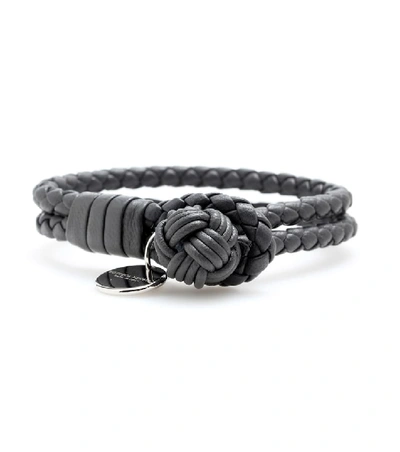 Shop Bottega Veneta Knot Woven Leather Bracelet In Grey