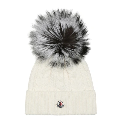 Shop Moncler Fur-trimmed Wool-blend Beanie In White