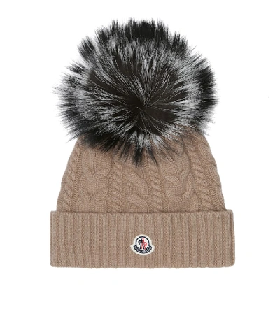 Shop Moncler Fur-trimmed Wool-blend Hat In Beige