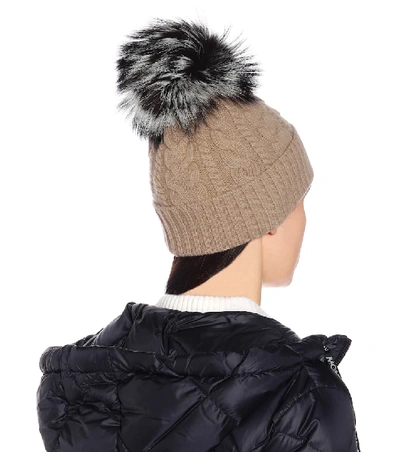 Shop Moncler Fur-trimmed Wool-blend Hat In Beige