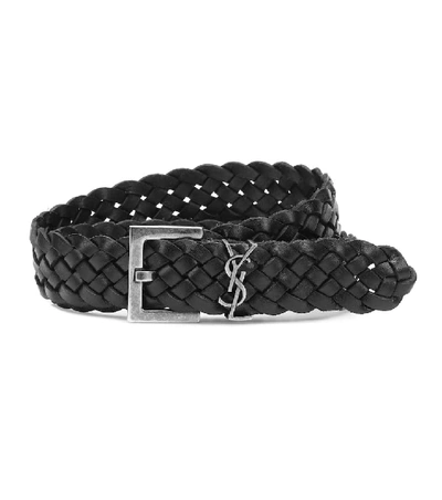 Shop Saint Laurent Monogram Braided Leather Belt In Black