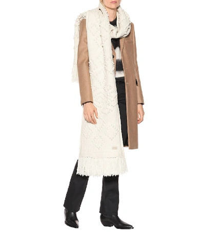 Shop Saint Laurent Fringed Wool Scarf In White