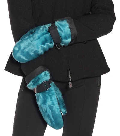 Shop Moncler Shearling And Leather Mittens In Blue