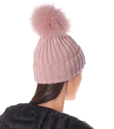 Shop Moncler Fur-trimmed Wool Beanie In Pink