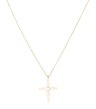 Shop Sophie Bille Brahe Petite Fellini Croix 14kt Yellow Gold And Pearl Necklace