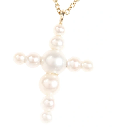 Shop Sophie Bille Brahe Petite Fellini Croix 14kt Yellow Gold And Pearl Necklace