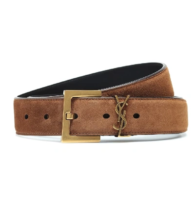 Shop Saint Laurent Monogram Suede Belt In Brown