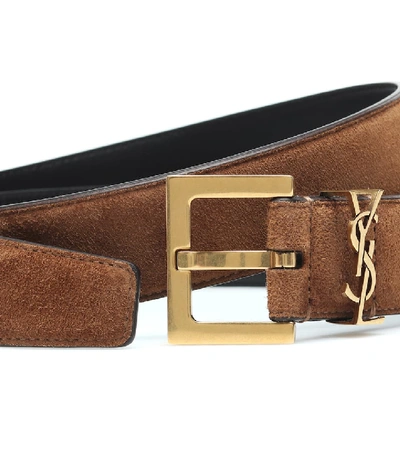 Shop Saint Laurent Monogram Suede Belt In Brown