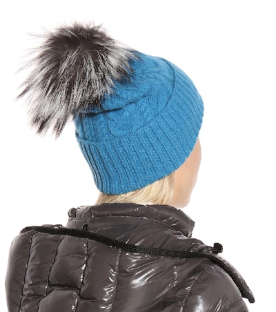 Shop Moncler Fur-trimmed Wool-blend Beanie In Blue