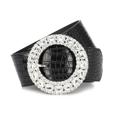 Shop Alessandra Rich Embellished Croc-effect Leather Belt In Black