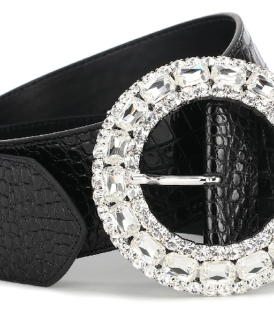 Shop Alessandra Rich Embellished Croc-effect Leather Belt In Black
