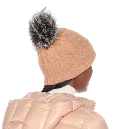 Shop Moncler Fur-trimmed Wool-blend Beanie In Beige