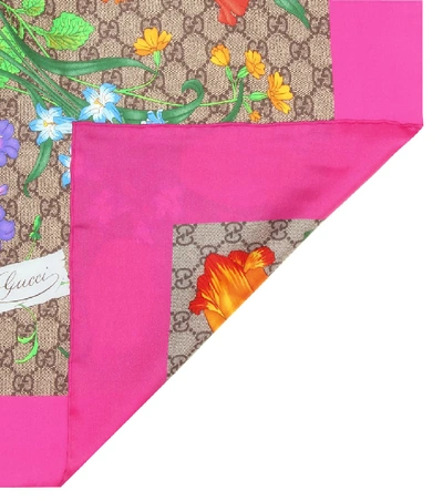 Shop Gucci Gg Flora Printed Silk Scarf In Brown