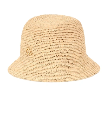 Shop Gucci Raffia Bucket Hat In Neutrals