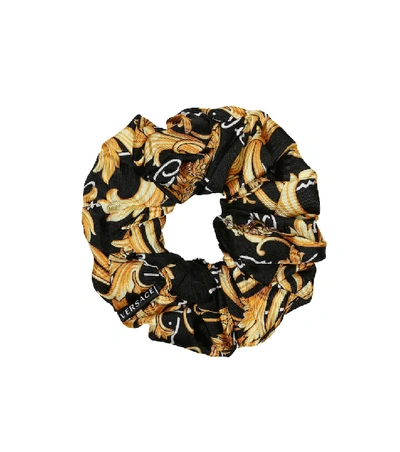 Shop Versace Printed Silk Scrunchie In Black