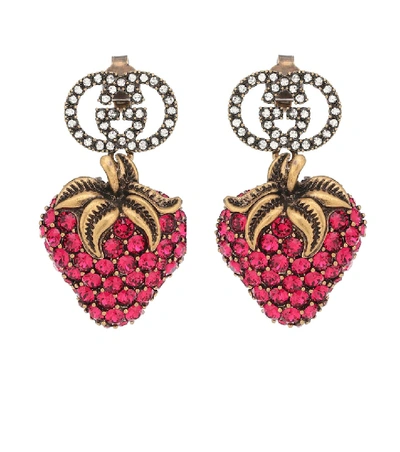 Shop Gucci Strawberry Crystal Earrings In Red